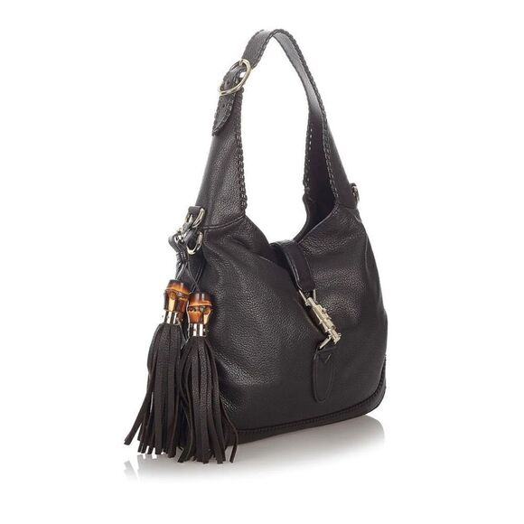 Gucci Jackie black butter cream leather shoulder bag gold hardware bamboo tassel - Picture 1 of 16
